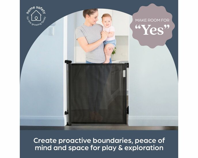 Dreambaby Glide &lsquo;N Hide oprolbaar traphekje | tot 140 cm breed en 90 cm hoog | Zwart